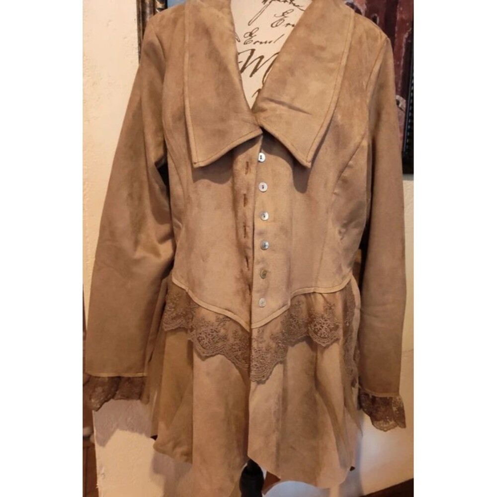 Venus New Shabby Sheek Faux Suede & Lace Victorian Vintage Button Down Jacket XL